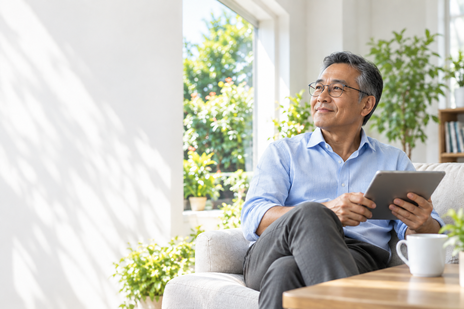 A man in a light blue shirt holding a tablet in a bright home